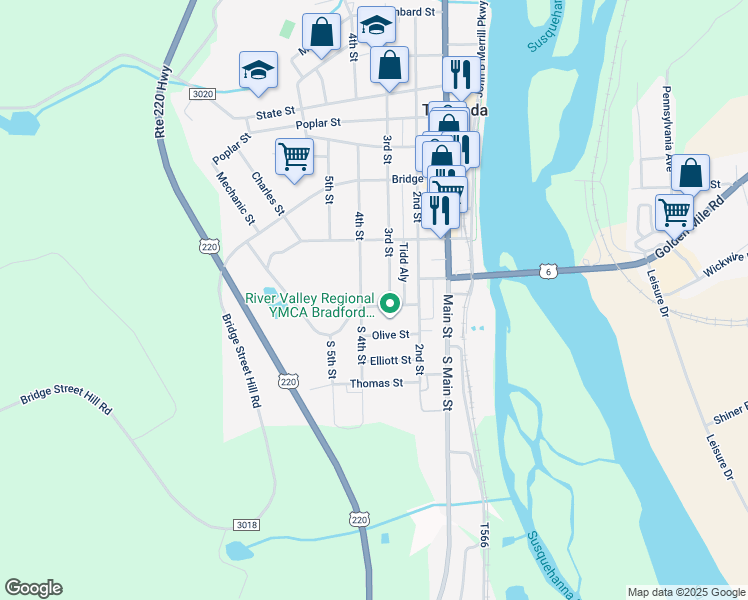 map of restaurants, bars, coffee shops, grocery stores, and more near 12 College Avenue in Towanda