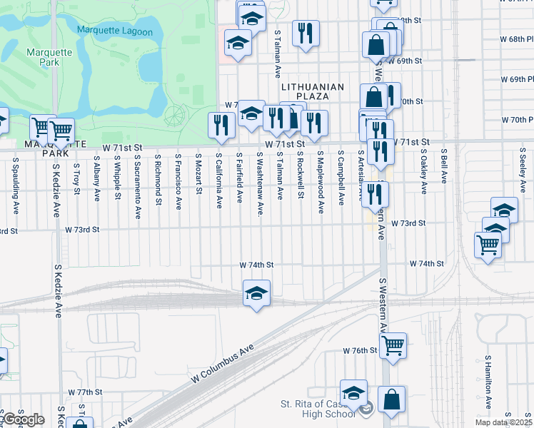 map of restaurants, bars, coffee shops, grocery stores, and more near 7243 South Washtenaw Avenue in Chicago