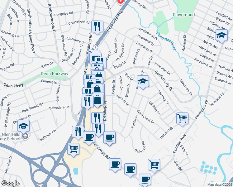 map of restaurants, bars, coffee shops, grocery stores, and more near 52 Poplar Drive in Cranston