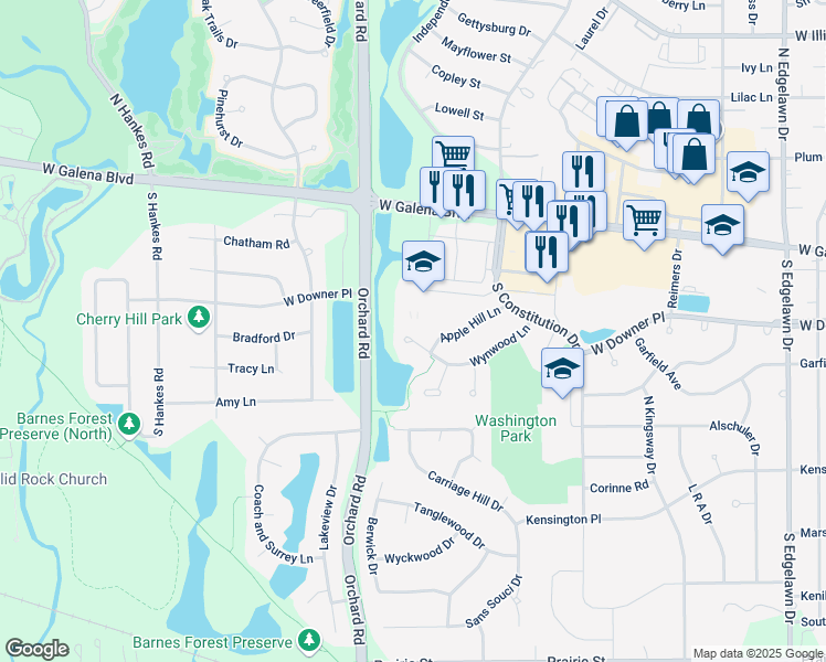 map of restaurants, bars, coffee shops, grocery stores, and more near 2351 Wynwood Lane in Aurora
