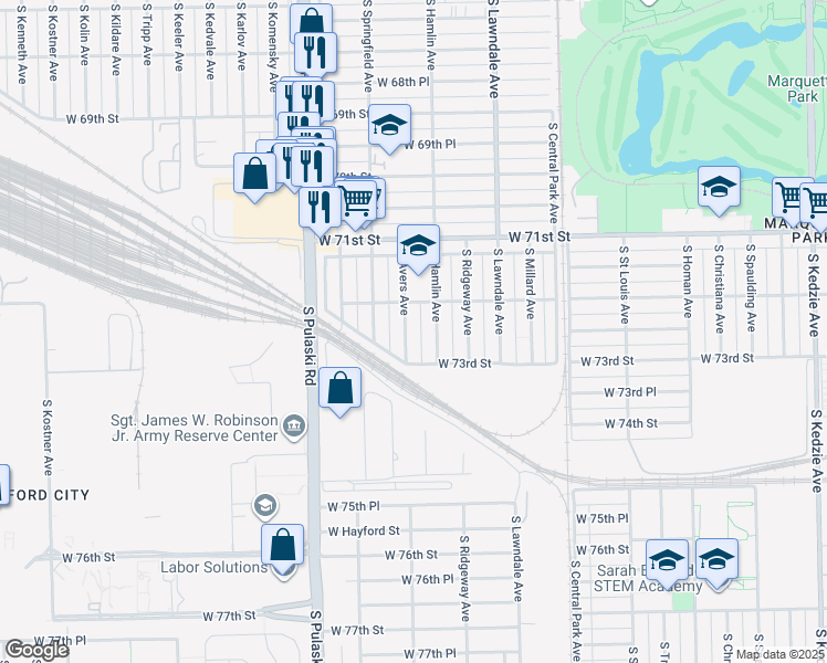 map of restaurants, bars, coffee shops, grocery stores, and more near 7227 South Avers Avenue in Chicago