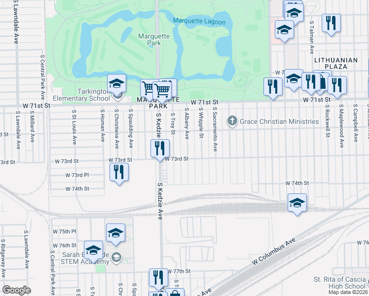 map of restaurants, bars, coffee shops, grocery stores, and more near 7236 South Albany Avenue in Chicago