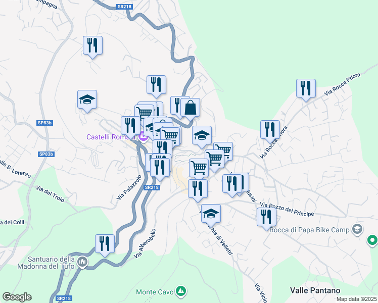 map of restaurants, bars, coffee shops, grocery stores, and more near 69 Via Campi D'Annibale in Rocca di Papa