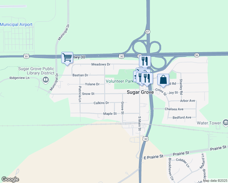 map of restaurants, bars, coffee shops, grocery stores, and more near 161 Snow Street in Sugar Grove