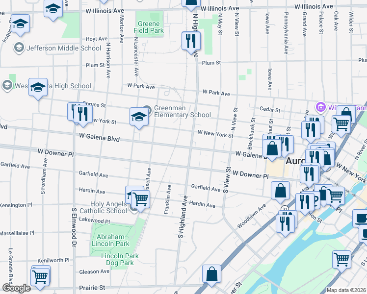 map of restaurants, bars, coffee shops, grocery stores, and more near 611 West Galena Boulevard in Aurora
