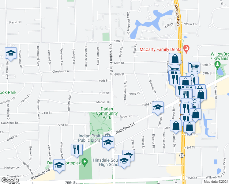 map of restaurants, bars, coffee shops, grocery stores, and more near 6933 Clarendon Hills Road in Darien