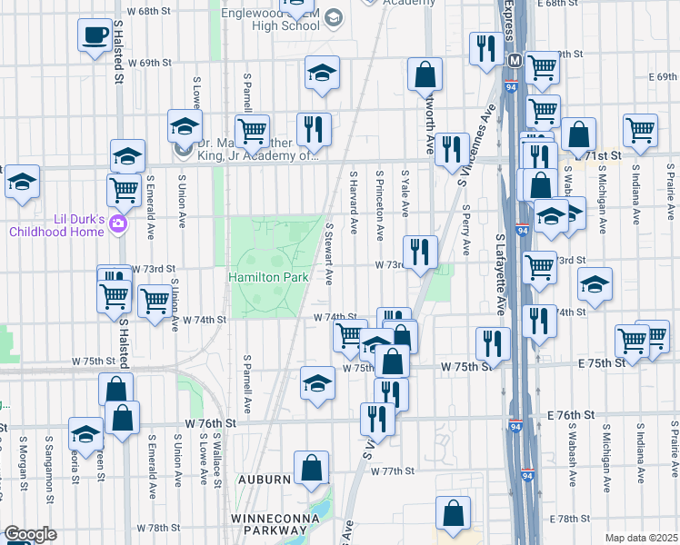 map of restaurants, bars, coffee shops, grocery stores, and more near 7309 South Stewart Avenue in Chicago