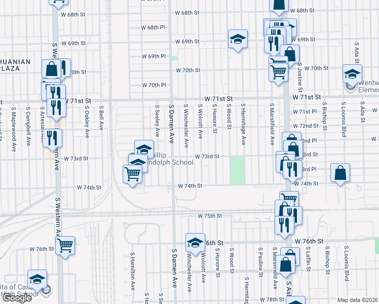 map of restaurants, bars, coffee shops, grocery stores, and more near 7251 South Winchester Avenue in Chicago