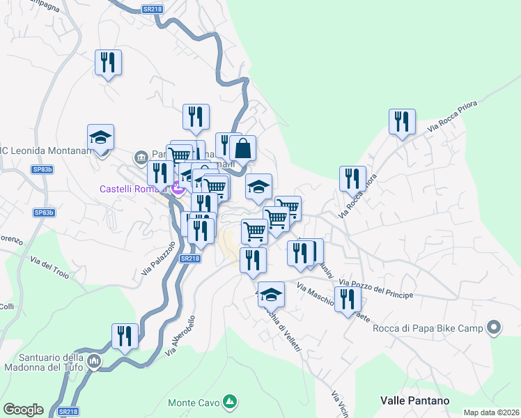 map of restaurants, bars, coffee shops, grocery stores, and more near 28 Via Campi D'Annibale in Rocca di Papa