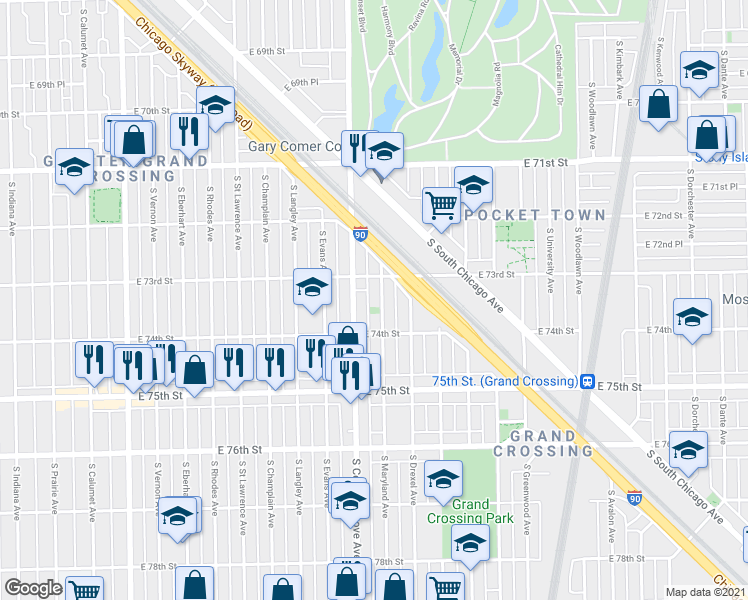 map of restaurants, bars, coffee shops, grocery stores, and more near 7322 S Maryland Ave in Chicago
