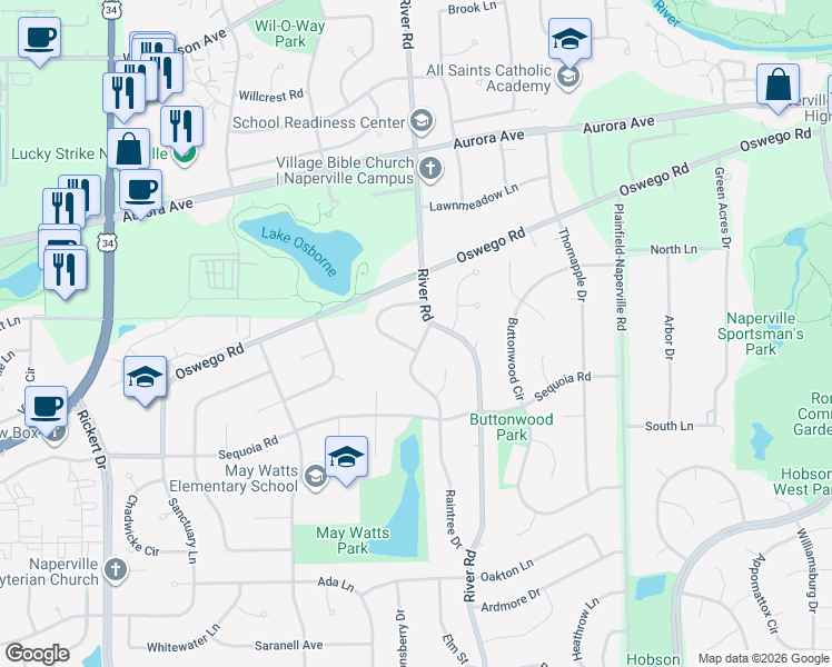 map of restaurants, bars, coffee shops, grocery stores, and more near 719 Raintree Drive in Naperville