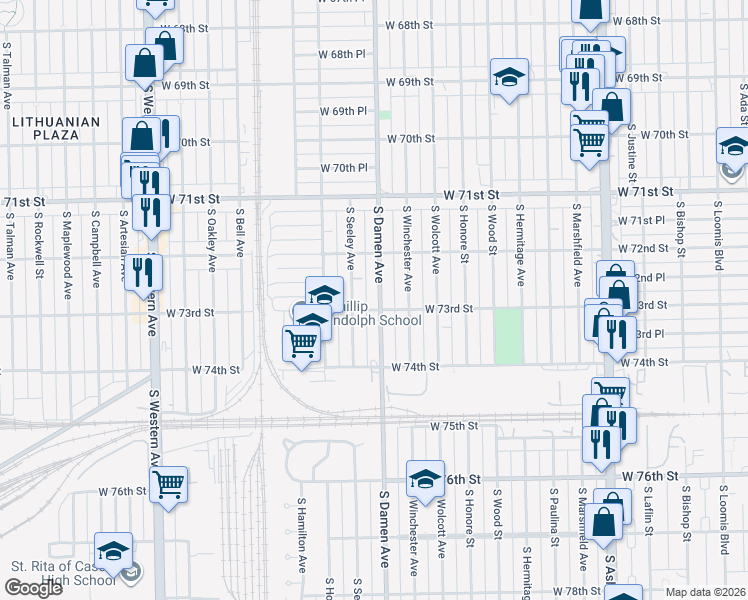 map of restaurants, bars, coffee shops, grocery stores, and more near 7250 South Damen Avenue in Chicago
