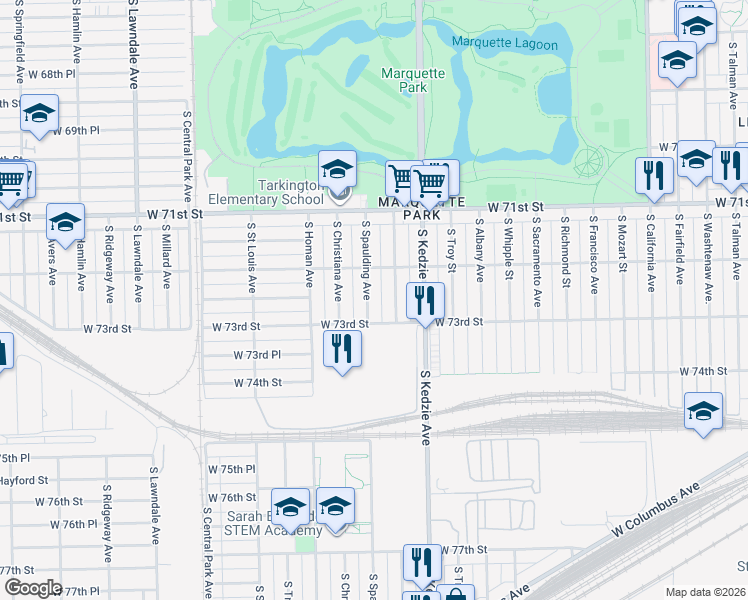 map of restaurants, bars, coffee shops, grocery stores, and more near 7235 South Spaulding Avenue in Chicago