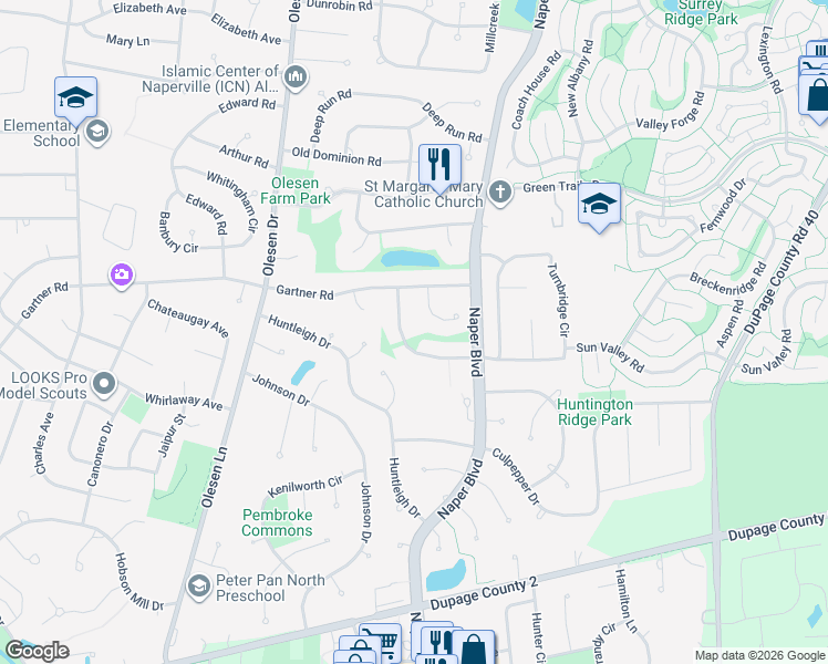 map of restaurants, bars, coffee shops, grocery stores, and more near 824 Rockbridge Drive in Naperville