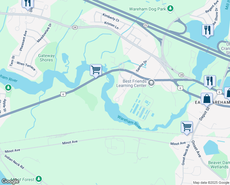 map of restaurants, bars, coffee shops, grocery stores, and more near 19 Linwood Avenue in Wareham