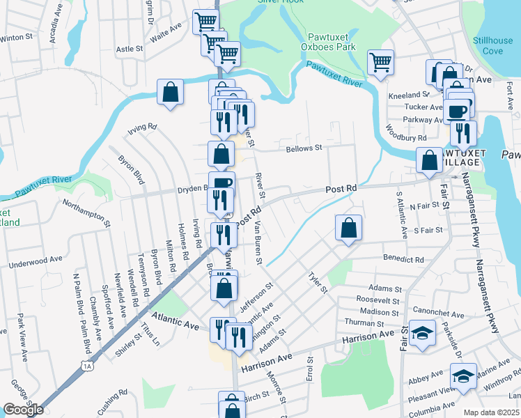 map of restaurants, bars, coffee shops, grocery stores, and more near 43 Proctor Avenue in Warwick
