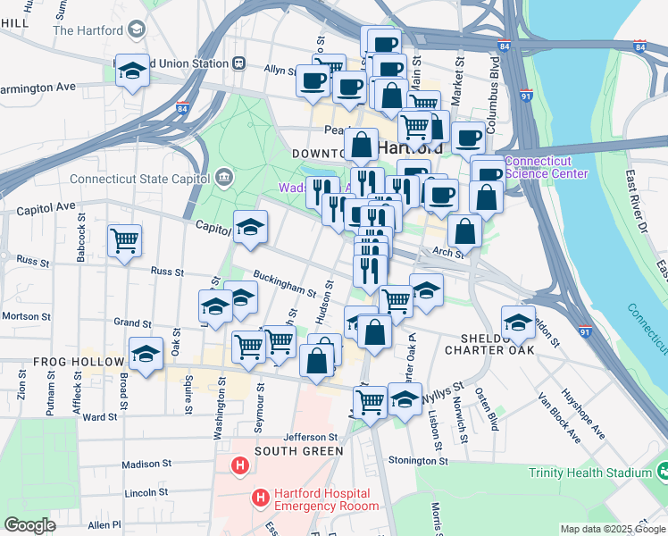map of restaurants, bars, coffee shops, grocery stores, and more near 44 Capitol Avenue in Hartford