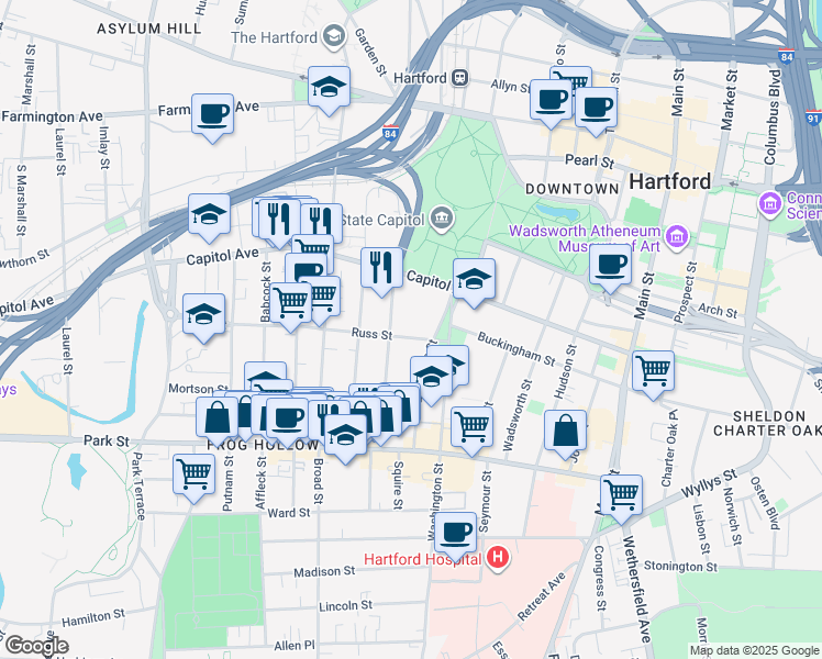 map of restaurants, bars, coffee shops, grocery stores, and more near 36 Russ Street in Hartford