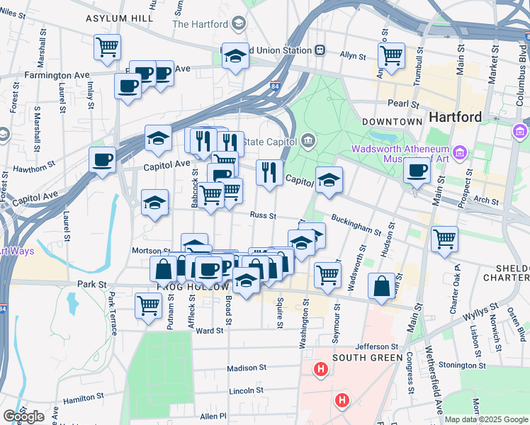 map of restaurants, bars, coffee shops, grocery stores, and more near 63 Hungerford Street in Hartford