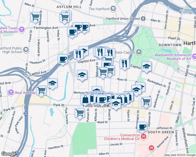 map of restaurants, bars, coffee shops, grocery stores, and more near 159 Russ Street in Hartford