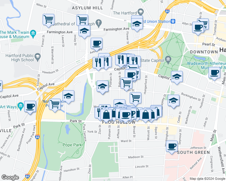 map of restaurants, bars, coffee shops, grocery stores, and more near 191 Russ Street in Hartford