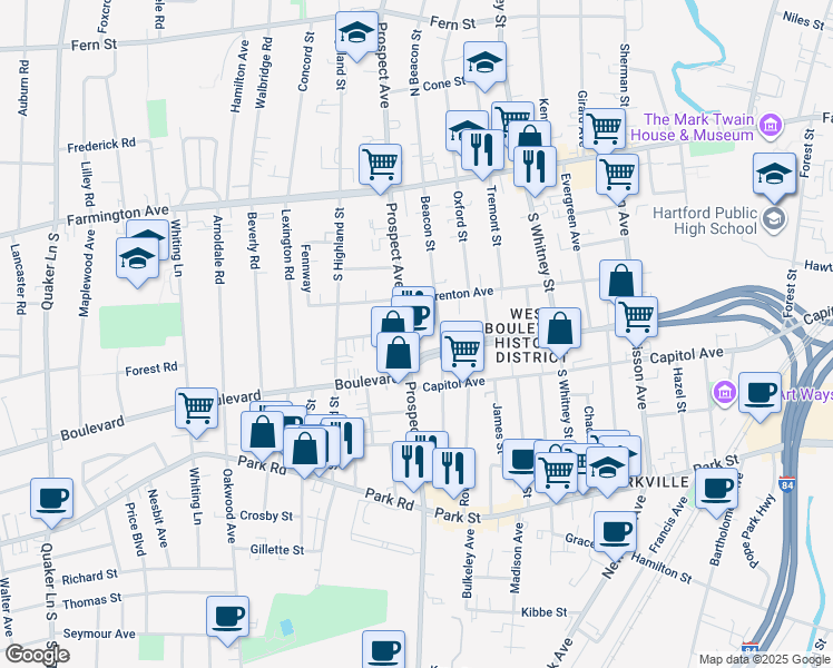 map of restaurants, bars, coffee shops, grocery stores, and more near 488 Prospect Avenue in West Hartford