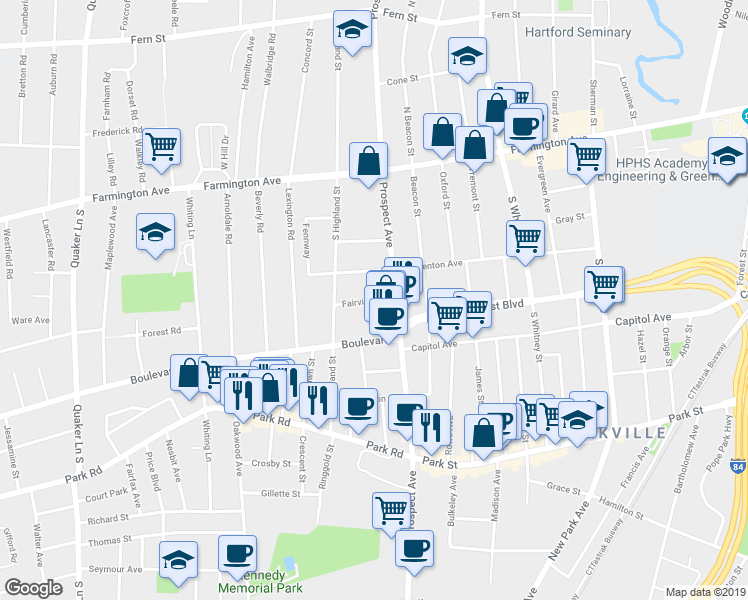 map of restaurants, bars, coffee shops, grocery stores, and more near 24 Fairview Street in West Hartford