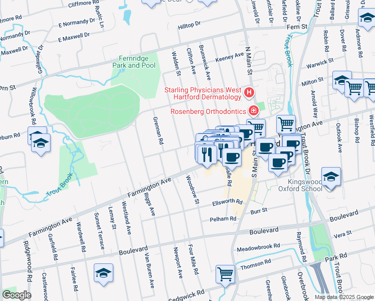 map of restaurants, bars, coffee shops, grocery stores, and more near 145 Brace Road in West Hartford