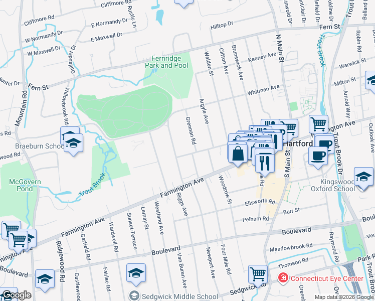 map of restaurants, bars, coffee shops, grocery stores, and more near 196 Brace Road in West Hartford