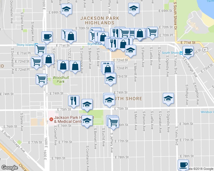 map of restaurants, bars, coffee shops, grocery stores, and more near 7333 South Euclid Avenue in Chicago