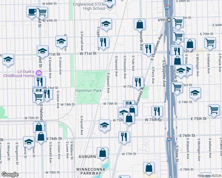 map of restaurants, bars, coffee shops, grocery stores, and more near 7309 South Stewart Avenue in Chicago