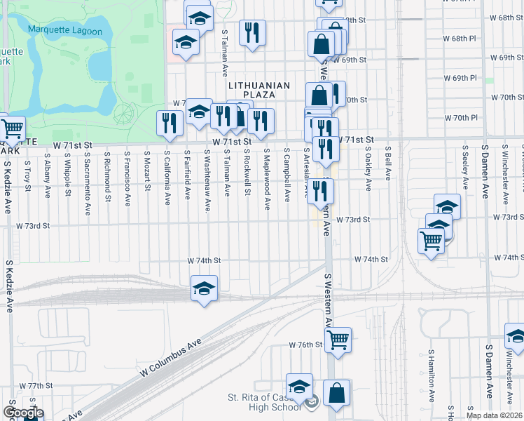 map of restaurants, bars, coffee shops, grocery stores, and more near 7244 South Maplewood Avenue in Chicago