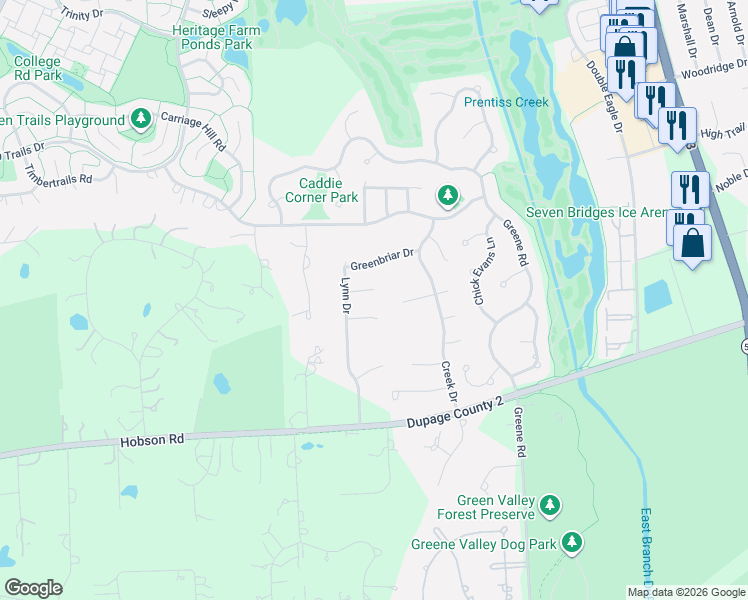 map of restaurants, bars, coffee shops, grocery stores, and more near 23W445 Spyglass Court in Naperville