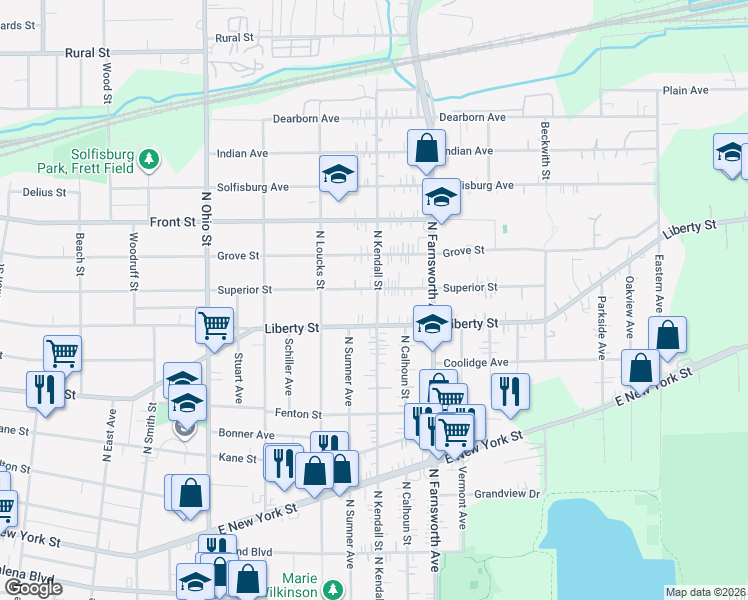 map of restaurants, bars, coffee shops, grocery stores, and more near 1247 Superior Street in Aurora