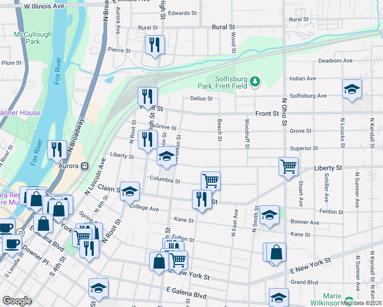 map of restaurants, bars, coffee shops, grocery stores, and more near 727 Superior Street in Aurora