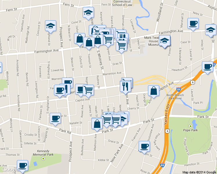 map of restaurants, bars, coffee shops, grocery stores, and more near 890 West Boulevard in Hartford