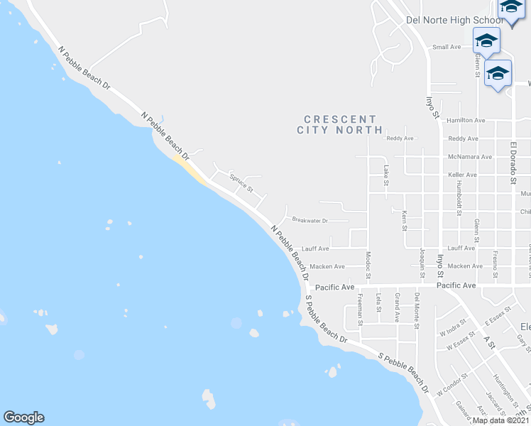 map of restaurants, bars, coffee shops, grocery stores, and more near 464 North Pebble Beach Drive in Crescent City
