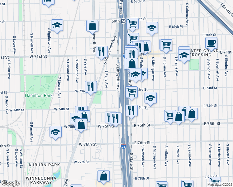 map of restaurants, bars, coffee shops, grocery stores, and more near 7306 South Lafayette Avenue in Chicago