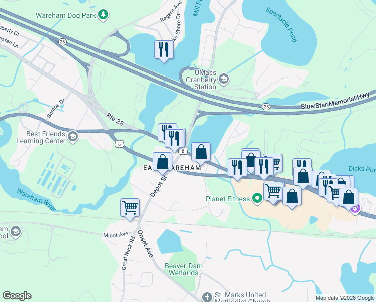 map of restaurants, bars, coffee shops, grocery stores, and more near 2858 Cranberry Highway in Wareham