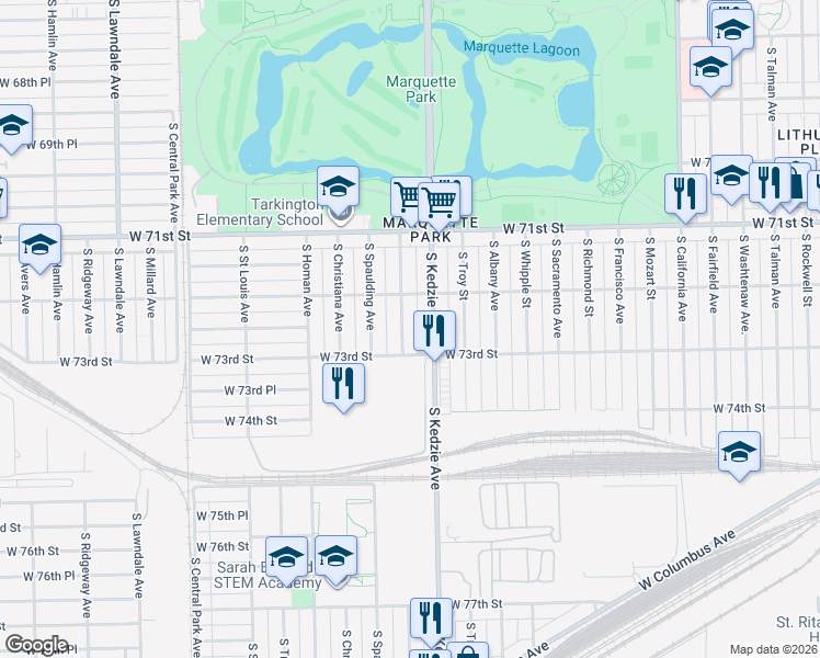 map of restaurants, bars, coffee shops, grocery stores, and more near 7235 South Sawyer Avenue in Chicago