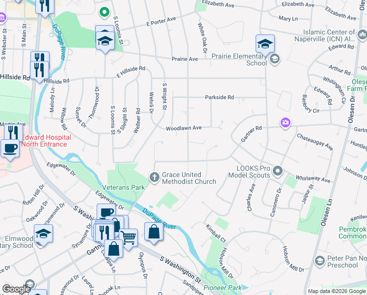 map of restaurants, bars, coffee shops, grocery stores, and more near 831 South Julian Street in Naperville