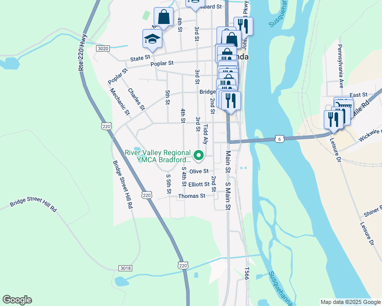 map of restaurants, bars, coffee shops, grocery stores, and more near 12 College Avenue in Towanda