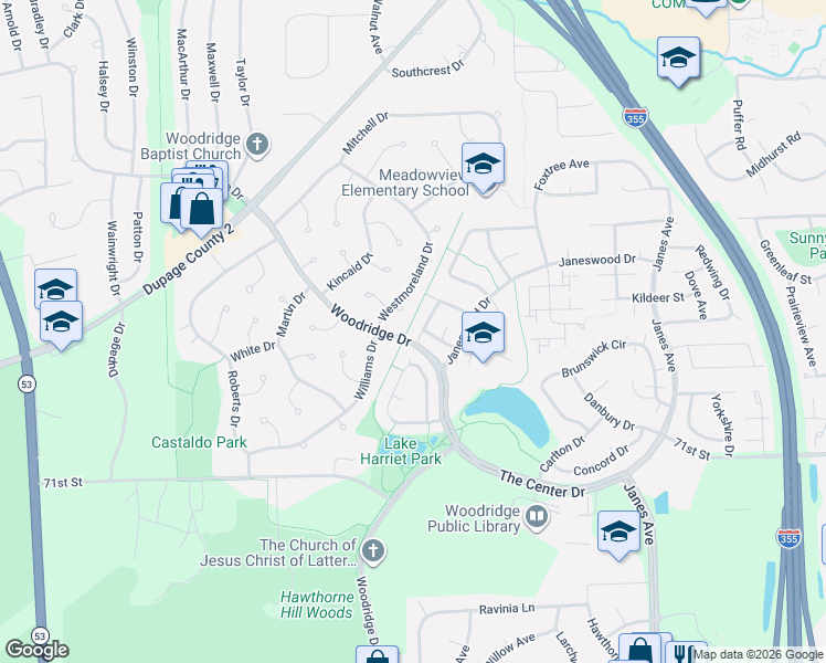 map of restaurants, bars, coffee shops, grocery stores, and more near 6880 Juneberry Avenue in Woodridge