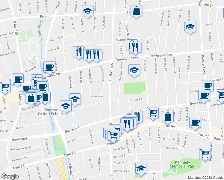 map of restaurants, bars, coffee shops, grocery stores, and more near 92 Quaker Lane South in West Hartford