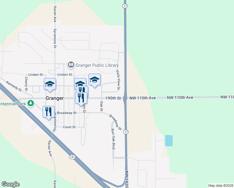 map of restaurants, bars, coffee shops, grocery stores, and more near 2021 Vista View Drive in Granger
