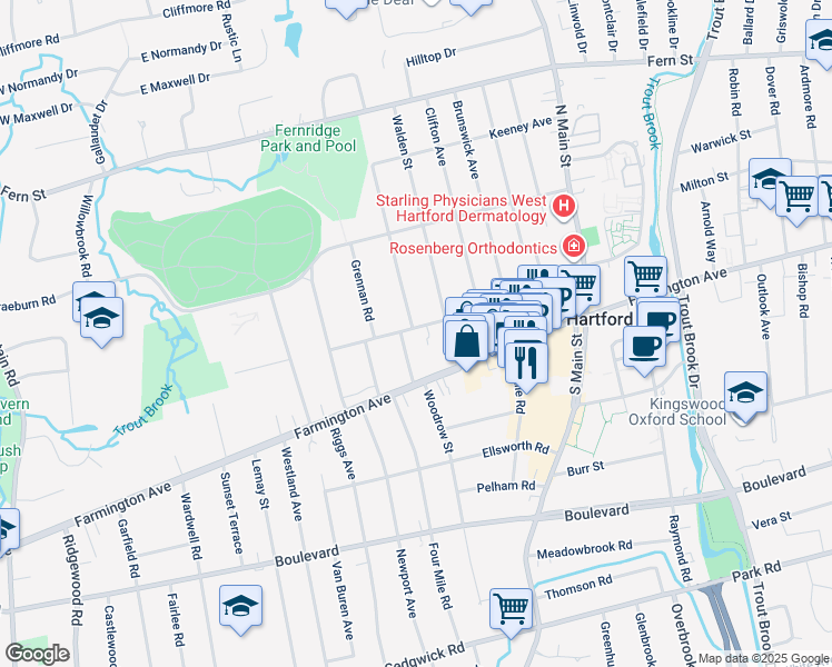 map of restaurants, bars, coffee shops, grocery stores, and more near 145 Brace Road in West Hartford