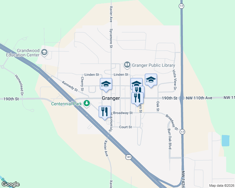 map of restaurants, bars, coffee shops, grocery stores, and more near 2002 Locust St in Granger