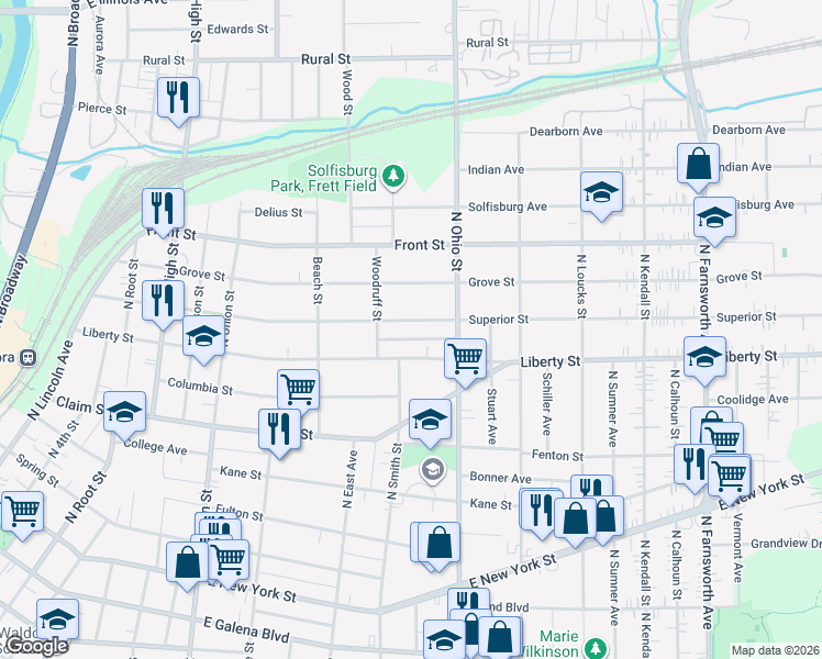 map of restaurants, bars, coffee shops, grocery stores, and more near 927 Superior Street in Aurora