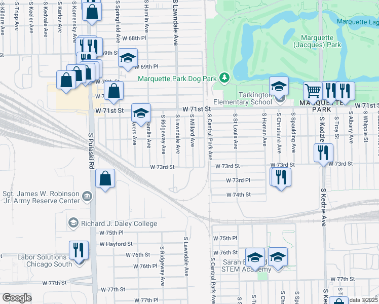 map of restaurants, bars, coffee shops, grocery stores, and more near 7228 South Millard Avenue in Chicago