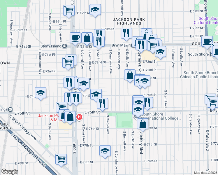 map of restaurants, bars, coffee shops, grocery stores, and more near 7328 South Constance Avenue in Chicago
